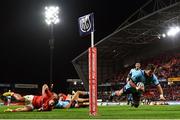 15 October 2022; WJ Steenkamp of Vodacom Bulls dives over to score his side's second try during the United Rugby Championship match between Munster and Vodacom Bulls at Thomond Park in Limerick. Photo by Harry Murphy/Sportsfile