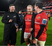 15 October 2022; Try scorer Jeremy Loughman of Munster, centre, with team-mates Peter O'Mahony and Joey Carbery after the United Rugby Championship match between Munster and Vodacom Bulls at Thomond Park in Limerick. Photo by Brendan Moran/Sportsfile