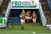 16 October 2022; Upperchurch-Drombane captain Ailbe O'Donoghue leads his team out before the Tipperary County Senior Football Championship Final match between Clonmel Commercials and Upperchurch-Drombane at FBD Semple Stadium in Thurles, Tipperary. Photo by Michael P Ryan/Sportsfile