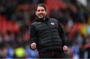 16 October 2022; Derry City manager Ruaidhrí Higgins celebrates after the Extra.ie FAI Cup Semi-Final match between Derry City and Treaty United at the Ryan McBride Brandywell Stadium in Derry. Photo by Ramsey Cardy/Sportsfile