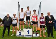 16 October 2022; Athletics Ireland President John Cronin, left, and Mayor of Fingal Councillor Howard Mahony with senior men's top 5 finishers, Darragh Mcelhinney of UCD AC, Dublin, first, Keelan Kilrehill of Moy Valley AC, Kildare, second, Dean Casey of Ennis Track AC, Clare, third, John Travers of Donore Harriers, Dublin, fourth and Jamie Battle of Mullingar Harriers AC, Westmeath, fifth, during the Autumn Open International Cross Country Festival at the Sport Ireland Campus in Dublin. Photo by Sam Barnes/Sportsfile