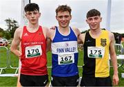 16 October 2022; Junior men's medallists, Sean McGinley of Finn Valley AC, Donegal, centre, who finished first, Niall Murphy of Ennis Track AC, Clare, left, who finished second, and Cathal O'Reilly of Kilkenny City Harriers AC, Kilkenny, who finished third, during the Autumn Open International Cross Country Festival at the Sport Ireland Campus in Dublin. Photo by Sam Barnes/Sportsfile