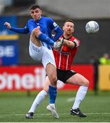 16 October 2022; Enda Curran of Treaty United in action against Shane McEleney of Derry City during the Extra.ie FAI Cup Semi-Final match between Derry City and Treaty United at the Ryan McBride Brandywell Stadium in Derry. Photo by Ramsey Cardy/Sportsfile