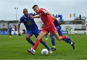 16 October 2022; Sean Boyd of Shelbourne in action against Alex Baptiste of Waterford during the Extra.ie FAI Cup Semi-Final match between Waterford and Shelbourne at the RSC in Waterford. Photo by Seb Daly/Sportsfile