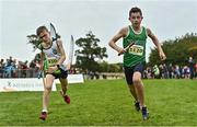 16 October 2022; Kyle Byrne-Ward of Newbridge AC, right, and Eoghan Gallagher of Moy Valley AC, competing in the u13 boys 4x500m at the Inter-Club Cross Country Relays 2022 during the Autumn International Cross Country Festival 2022 at the Sport Ireland Campus in Dublin. Photo by Sam Barnes/Sportsfile