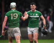 16 October 2022; Paddy O'Loughlin of Kilmallock, right, congratulates match winner Robbie Egan of Doon after the Limerick County Senior Hurling Championship Semi-Final match between Kilmallock and Doon at Bruff GAA Club in Bruff, Limerick. Photo by Matt Browne/Sportsfile