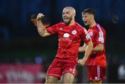 16 October 2022; Mark Coyle of Shelbourne celebrates at the final whistle of  the Extra.ie FAI Cup Semi-Final match between Waterford FC and Shelbourne at Waterford RSC in Waterford. Photo by Seb Daly/Sportsfile