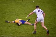 16 October 2022; Jonny Cooper of Na Fianna falls to the ground after being shouldered by Tom Fox of Kilmacud Crokes during the Dublin County Senior Club Championship Football Final match between Kilmacud Crokes and Na Fianna at Parnell Park in Dublin. Photo by Daire Brennan/Sportsfile