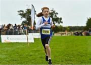 16 October 2022; Caoimhe Mc Elhinney of Finn Valley AC, Donegal on her way to winning the u11 girls 4x500m at the Inter-Club Cross Country Relays 2022 during the Autumn International Cross Country Festival 2022 at the Sport Ireland Campus in Dublin. Photo by Sam Barnes/Sportsfile
