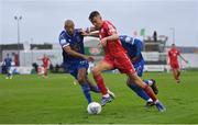 16 October 2022; Sean Boyd of Shelbourne in action against Alex Baptiste of Waterford during the Extra.ie FAI Cup Semi-Final match between Waterford and Shelbourne at the RSC in Waterford. Photo by Seb Daly/Sportsfile