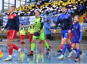 16 October 2022; Team captains Luke Byrne of Shelbourne and Killian Cantwell of Waterford lead their side's out before the Extra.ie FAI Cup Semi-Final match between Waterford and Shelbourne at the RSC in Waterford. Photo by Seb Daly/Sportsfile