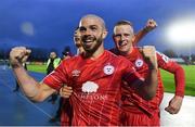 16 October 2022; Mark Coyle of Shelbourne, centre, celebrates with teammates after their side's victory in the Extra.ie FAI Cup Semi-Final match between Waterford and Shelbourne at the RSC in Waterford. Photo by Seb Daly/Sportsfile