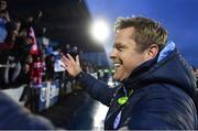 16 October 2022; Shelbourne manager Damien Duff celebrates with supporters after their side's victory in the Extra.ie FAI Cup Semi-Final match between Waterford and Shelbourne at the RSC in Waterford. Photo by Seb Daly/Sportsfile