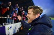16 October 2022; Shelbourne manager Damien Duff celebrates with supporters after their side's victory in the Extra.ie FAI Cup Semi-Final match between Waterford and Shelbourne at the RSC in Waterford. Photo by Seb Daly/Sportsfile