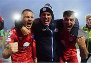 16 October 2022; Shelbourne captain Luke Byrne, left, coach David McAllister and Sean Boyd celebrate after their side's victory in the Extra.ie FAI Cup Semi-Final match between Waterford and Shelbourne at the RSC in Waterford. Photo by Seb Daly/Sportsfile