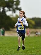 16 October 2022; Caoimhe Mc Elhinney of Finn Valley AC, Donegal, on her way to winning the u11 girls 4x500m at the Inter-Club Cross Country Relays 2022 during the Autumn International Cross Country Festival 2022 at the Sport Ireland Campus in Dublin. Photo by Sam Barnes/Sportsfile