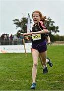 16 October 2022; Lara Woods of Blackrock AC A, Dublin, competing in the u11 girls 4x500m event at the Inter-Club Cross Country Relays 2022 during the Autumn International Cross Country Festival 2022 at the Sport Ireland Campus in Dublin. Photo by Sam Barnes/Sportsfile