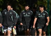17 October 2022; Leinster players, from left, Joe McCarthy, Michael Milne and Thomas Clarkson during a Leinster Rugby squad training session at UCD in Dublin. Photo by Harry Murphy/Sportsfile