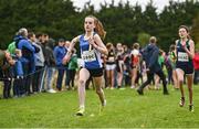 16 October 2022; An athlete from Waterford AC, left, competes in the u15 girls 4x1000m event at the Inter-Club Cross Country Relays 2022 during the Autumn International Cross Country Festival 2022 at the Sport Ireland Campus in Dublin. Photo by Sam Barnes/Sportsfile