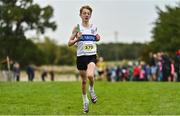 16 October 2022; Matthew Hyland of Dunboyne AC, Meath, competing in the u13 boys 4x500m event at the Inter-Club Cross Country Relays 2022 during the Autumn International Cross Country Festival 2022 at the Sport Ireland Campus in Dublin. Photo by Sam Barnes/Sportsfile