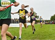 16 October 2022; Adrianna Hyrcza of Navan AC, Meath, centre, competing in the u13 girls 4x500m event at the Inter-Club Cross Country Relays 2022 during the Autumn International Cross Country Festival 2022 at the Sport Ireland Campus in Dublin. Photo by Sam Barnes/Sportsfile