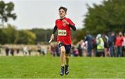 16 October 2022; Oran Duignan of St Cronans AC, Clare competing in the u13 boys 4x500m event at the Inter-Club Cross Country Relays 2022 during the Autumn International Cross Country Festival 2022 at the Sport Ireland Campus in Dublin. Photo by Sam Barnes/Sportsfile