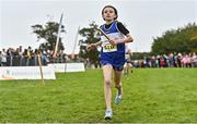 16 October 2022; Amy McElchar of Finn Valley AC A, Donegal, competing in the u13 girls 4x500m event at the Inter-Club Cross Country Relays 2022 during the Autumn International Cross Country Festival 2022 at the Sport Ireland Campus in Dublin. Photo by Sam Barnes/Sportsfile