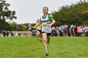 16 October 2022; Ula Sokolowska of Midleton AC A, Cork, on her way to winning the u13 girls 4x500m event at the Inter-Club Cross Country Relays 2022 during the Autumn International Cross Country Festival 2022 at the Sport Ireland Campus in Dublin. Photo by Sam Barnes/Sportsfile