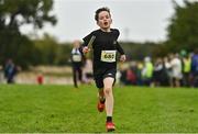 16 October 2022; An athlete from Letterkenny AC, Donegal, competing in the u11 boys 4x500m event at the Inter-Club Cross Country Relays 2022 during the Autumn International Cross Country Festival 2022 at the Sport Ireland Campus in Dublin. Photo by Sam Barnes/Sportsfile