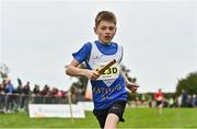 16 October 2022; Oliver Couch of Ratoath AC, Meath, competing in the u11 boys 4x500m event at the Inter-Club Cross Country Relays 2022 during the Autumn International Cross Country Festival 2022 at the Sport Ireland Campus in Dublin. Photo by Sam Barnes/Sportsfile
