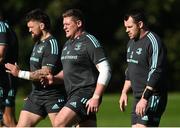 17 October 2022; Leinster players, from left, Andrew Porter, Tadhg Furlong and Cian Healy during a Leinster Rugby squad training session at UCD in Dublin. Photo by Harry Murphy/Sportsfile
