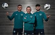 18 October 2022; Republic of Ireland Amateur International manager Gerry Davis, centre, with players Jimmy McHugh, left, and Lee McColgan, during the Republic of Ireland Amateur UEFA Regions Media Day at the FAI Headquarters in Abbotstown, Dublin. Photo by Sam Barnes/Sportsfile