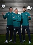 18 October 2022; Republic of Ireland Amateur International manager Gerry Davis, centre, with players Jimmy McHugh, left, and Lee McColgan, during the Republic of Ireland Amateur UEFA Regions Media Day at the FAI Headquarters in Abbotstown, Dublin. Photo by Sam Barnes/Sportsfile