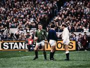 19 March 1983; Ireland captain Ciaran Fitzgerald, left, with referee JB Anderson and Dusty Hare of England during the Five Nations Rugby Championship match between Ireland and England at Lansdowne Road in Dublin. Photo by Ray McManus/Sportsfile