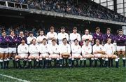 19 March 1983; The England starting team and substitutes, back row, fourth from left, Nick Youngs, Gary Pearse, Steve Bainbridge, Steve Boyle, Nick Jeavons, Colin Smart, and substitutes, with front row, from left, Paul Dodge, Dusty Hare, Clive Woodward, John Carleton, John Scott, John Horton, David Trick, Peter Winterbottom and Peter Wheeler before the Five Nations Rugby Championship match between Ireland and England at Lansdowne Road in Dublin. Photo by Ray McManus/Sportsfile