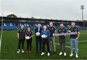 19 October 2022; In attendance at the announcement of DigitalWell as the Official Communications and Secure Collaboration partner of Leinster rugby at the Old Wesley RFC in Dublin is, from left, Jordan Larmour, women's head coach Tania Rosser, head of Commercial and Marketing Kevin Quinn, DigitalWell CEO Ross Murray, men's head coach Leo Cullen, Rónan Kelleher and Will Connors. Photo by Harry Murphy/Sportsfile