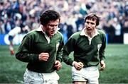 19 February 1983; Moss Finn of Ireland, left, celebrates with team-mate David Irwin after scoring their side's second try during the Five Nations Rugby Championship match between Ireland and France at Lansdowne Road in Dublin. Photo by Ray McManus/Sportsfile