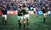 19 February 1983; Moss Finn of Ireland, left, celebrates with team-mate David Irwin after scoring their side's second try during the Five Nations Rugby Championship match between Ireland and France at Lansdowne Road in Dublin. Photo by Ray McManus/Sportsfile