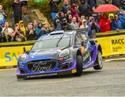 20 October 2022; Jourdan Serderidis and Frederic Miclotte in their Ford Puma Rally1 during day one of the FIA World Rally Championship RACC Catalunya in Spain. Photo by Philip Fitzpatrick/Sportsfile