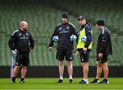 21 October 2022; Leinster coaches, from left, kicking coach and lead performance analyst Emmet Farrell, head coach Leo Cullen, backs coach Andrew Goodman and forwards and scrum coach Robin McBryde during a Leinster Rugby captain's run at the Aviva Stadium in Dublin. Photo by Harry Murphy/Sportsfile
