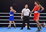 21 October 2022; Michaela Walsh of Ireland, left, after being defeated by Irma Testa of Italy in their featherweight 57kg semi-final bout during the EUBC Women's European Boxing Championships 2022 at Budva Sports Centre in Budva, Montenegro. Photo by Ben McShane/Sportsfile