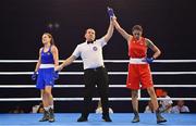 21 October 2022; Michaela Walsh of Ireland, left, after being defeated by Irma Testa of Italy in their featherweight 57kg semi-final bout during the EUBC Women's European Boxing Championships 2022 at Budva Sports Centre in Budva, Montenegro. Photo by Ben McShane/Sportsfile