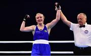 21 October 2022; Christina Desmond of Ireland, is declared the winner after beating Melissa Gemini of Italy in their light middleweight 70kg semi-final bout during the EUBC Women's European Boxing Championships 2022 at Budva Sports Centre in Budva, Montenegro. Photo by Ben McShane/Sportsfile