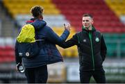 21 October 2022; Andy Lyons of Shamrock Rovers, right, and Barry Cotter of St Patrick's Athletic before the SSE Airtricity League Premier Division match between Shamrock Rovers and St Patrick's Athletic at Tallaght Stadium in Dublin. Photo by Seb Daly/Sportsfile