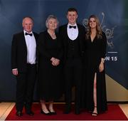 21 October 2022; Kildare hurler Brian Byrne, second from right, with his partner and parents Paul and Pauline, upon arrival ahead of the GAA Champion 15 Awards at Croke Park in Dublin. Photo by Harry Murphy/Sportsfile