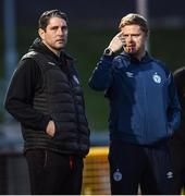 21 October 2022; Derry City manager Ruaidhrí Higgins, left, in conversation with Shelbourne manager Damien Duff before the SSE Airtricity League Premier Division match between Derry City and Shelbourne at The Ryan McBride Brandywell Stadium in Derry. Photo by Ramsey Cardy/Sportsfile