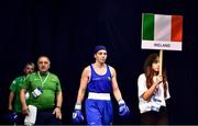 21 October 2022; Aoife O'Rourke of Ireland makes her way to ring for her middleweight 75kg semi-final bout against Love Holgersson of Sweden during the EUBC Women's European Boxing Championships 2022 at Budva Sports Centre in Budva, Montenegro. Photo by Ben McShane/Sportsfile