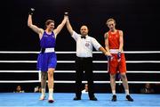 21 October 2022; Aoife O'Rourke of Ireland is declared victorious over Love Holgersson of Sweden after their middleweight 75kg semi-final bout during the EUBC Women's European Boxing Championships 2022 at Budva Sports Centre in Budva, Montenegro. Photo by Ben McShane/Sportsfile