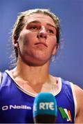 21 October 2022; Aoife O'Rourke of Ireland is interviewed after her victory over Love Holgersson of Sweden after their middleweight 75kg semi-final bout during the EUBC Women's European Boxing Championships 2022 at Budva Sports Centre in Budva, Montenegro. Photo by Ben McShane/Sportsfile