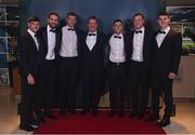 21 October 2022; Westmeath manager Jack Cooney, with players, from left, Jack Smith, Kevin Maguire, John Heslin, Ronan O'Toole, Ronan Wallace and Sam McCartan, upon arrival ahead of the GAA Champion 15 Awards at Croke Park in Dublin. Photo by Harry Murphy/Sportsfile